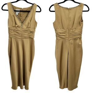 Vintage Donna Morgan Cocktail Dress 4 Gold Satin Aline Jeweled V-neck Ruched Wai